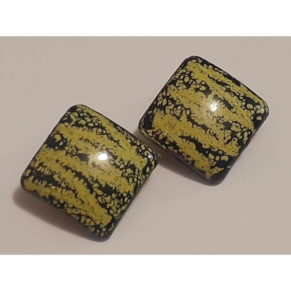 Signed Matisse neon yellow and black enamel copper square vintage clip on earrin